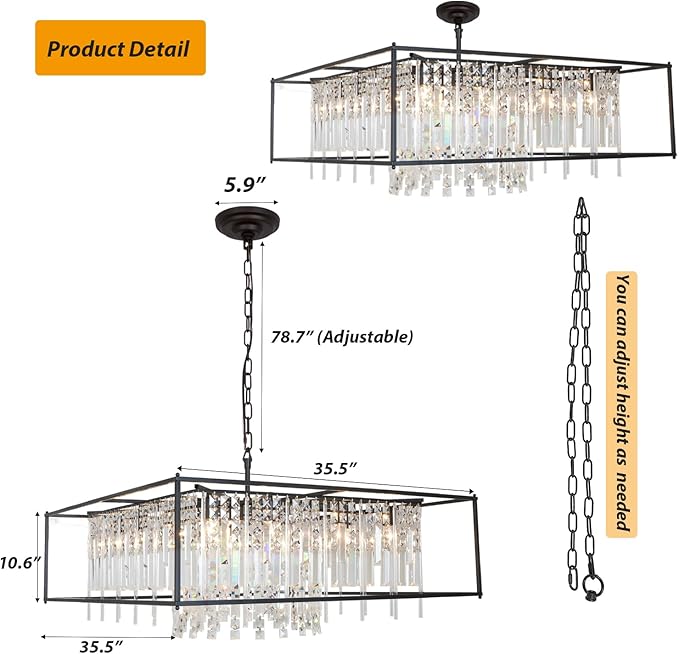 Modern Black Crystal Chandelier, 12-Light Square Pendant Lighting Fixture for Kitchen Island, Dining Room, or Living Room – Elegant Large Ceiling Light for Bedroom and Foyer (35.5")