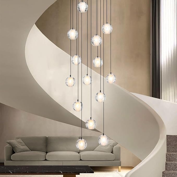 Black chandelier-14-Lights Staircase Chandelier for Living Room Hight Ceiling Foyer Pendant Lighting Fixture Modern Crystal Chandelier Spiral Stairwell Lighting Round Base Light, Warm Light