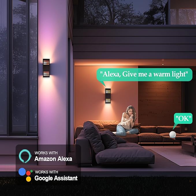 Modern Outdoor Wall Lights, Up and Down Color Changing Porch Lights,Cylinder Lights Outdoor Wall Sconce,Bronze Exterior Lighting Fixture Compatible with Smart Life & Tuya Smart