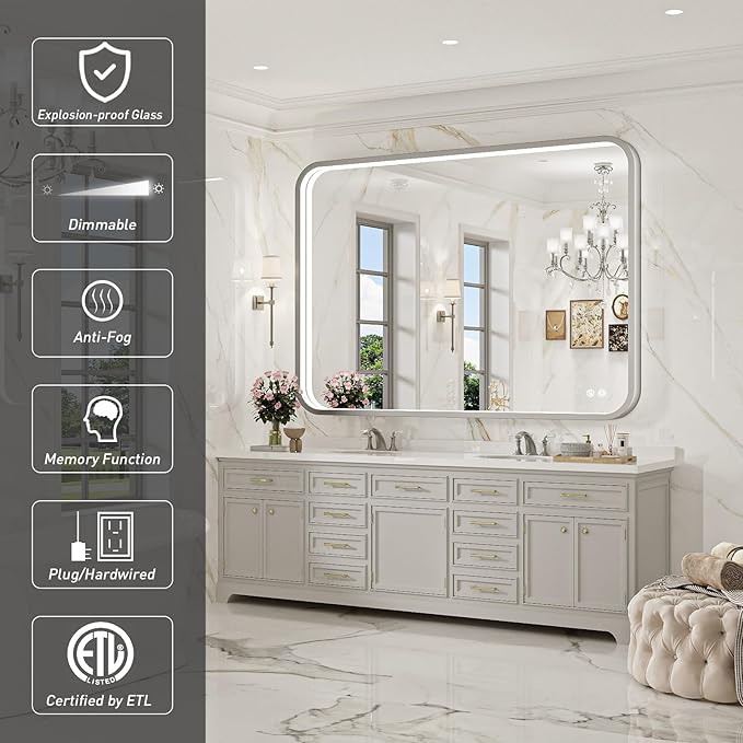 40x30 Inch LED Mirror for Bathroom,Brushed Sliver Metal Frame Lighted Vanity Mirror,Anti Fog Stepless Dimmable,Light Up Wall Mounted Mirror(Horizontal/Vertical)