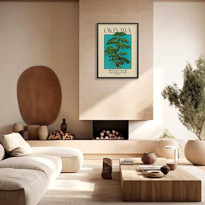 Black Framed Canvas Wall Art Posters Japanese Okinawa Prints Retro Japanese Bonsai Tree Picture Modern Ukiyo-e Decor for Home Bedroom Decorations Artwork 24x32in