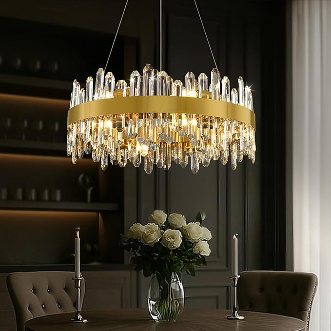 Modern Crystal Chandelier, 24in K9 Crystal Chandeliers for Dining Room, 12 Lights 2 Tier Dimmable Round Gold Chandelier, Adjustable Modern Chandeliers for Living Room, Bedroom, Bathroom, Kitchen Foyer