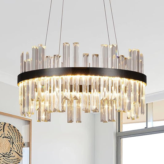 Black Modern Led Crystal Chandelier: 19.7" Round K9 Luxury Clear Crystals 3 Color Dimmable Contemporary Chandeliers for Dining Room Lights over Table - Adjustable Height Living Room Light with Remote