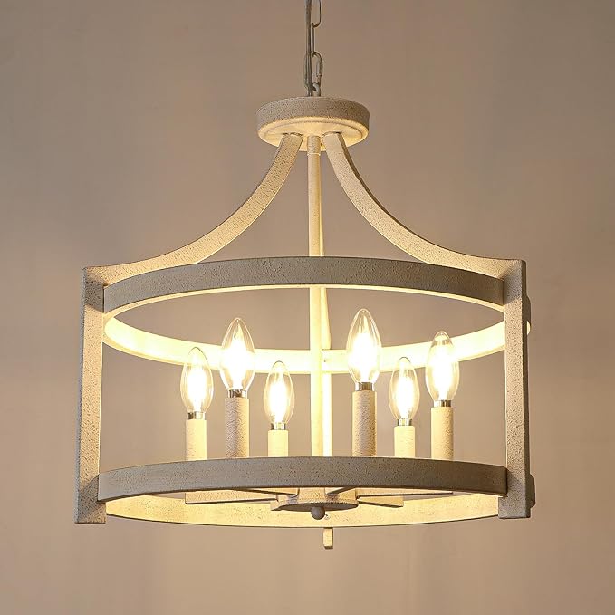 6-Light Farmhouse Chandelier, Distressed Hanging Pendant Lighting, Convertible Semi Flush Mount Ceiling Light Fixture Vintage White Metal Chandeliers for Dining Room Kitchen Foyer Entryway