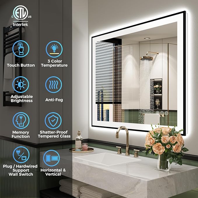 28x32 Inch LED Bathroom Mirror with Lights (Front Lit and Backlit) Black Framed Lighted Vanity Mirror for Bathroom Wall Dimmable Anti-Fog Memory Tempered Glass Horizontal/Vertical