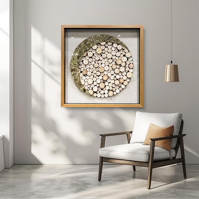 BrightA 3D Square Framed Nature Art - Gold Patina Metal Meets Circular Solid Wood Block Texture, Minimalist Contrast Wall Decor for Calming Spaces 59"x59"
