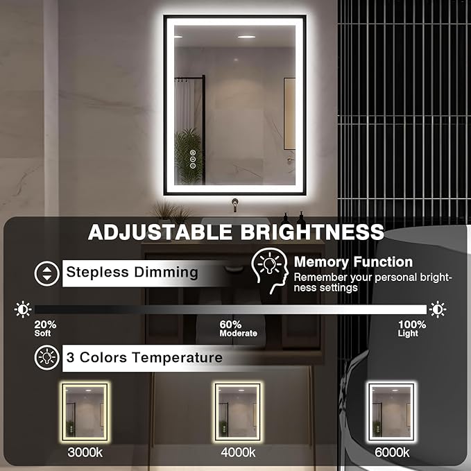 30x36 LED Bathroom Mirror with Lights - Black Framed, Front and Backlit Mirror, Anti-Fog Vanity Mirror with Lights,Stepless Dimmable LED Mirror, 3 Colors Smart(Horizontal/Vertical)