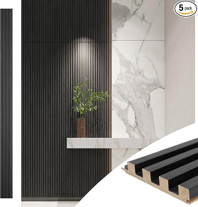Art3d Slat Wood Wall Paneling for Interior and Ceiling Decoration - Pack of 4pcs + 1pc End-Trim, Size 108 x 5.7in.- Black