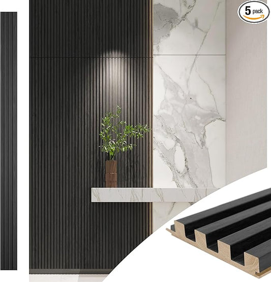 Art3d Slat Wood Wall Paneling for Interior and Ceiling Decoration - Pack of 4pcs + 1pc End-Trim, Size 108 x 5.7in.- Black