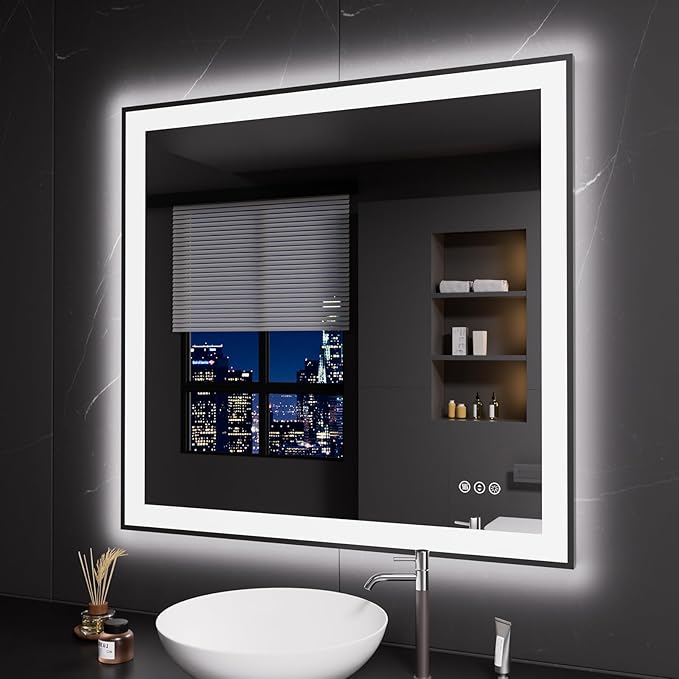 LOAAO 40"X38" LED Bathroom Mirror Black Framed, Anti-Fog, Dimmable, Lighted Bathroom Vanity Mirror for Wall, Memory Function, Tempered Glass