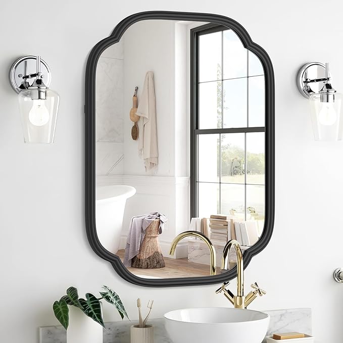 Black Bathroom Mirror for Wall, 18" x 24" Rectangular Wall Mirror for Bathroom Metal Frame Farmhouse Rounded Corner Wall Mirror (Horizontal/Vertical)