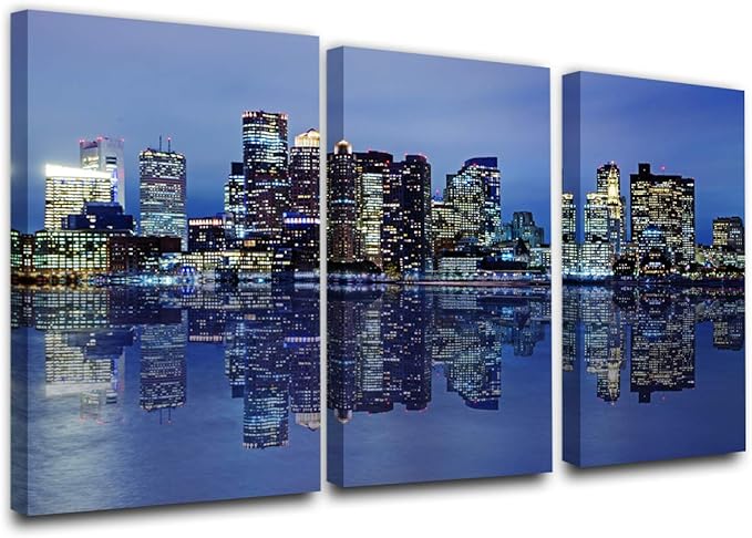 Colorful Panoramic Boston Skyline Modern Art Work Cityscape Pictures Paintings on Canvas Wall Art Wall Pictures for Bedroom Art Home Decorations Office Decor Ready to Hang (24‘’ x 12‘’ x 3 panels)
