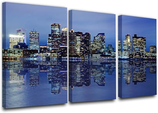Colorful Panoramic Boston Skyline Modern Art Work Cityscape Pictures Paintings on Canvas Wall Art Wall Pictures for Bedroom Art Home Decorations Office Decor Ready to Hang (24‘’ x 12‘’ x 3 panels)