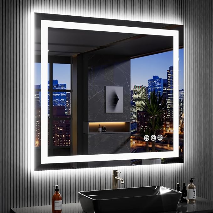 LOAAO 40”X38“ RGB LED Bathroom Mirror with Lights, Large, Anti-Fog, Dimmable Smart Lighted Bathroom Vanity Mirror, Multiple Light Modes, RGB Backlit + Front Light, Memory Function, Tempered Glass