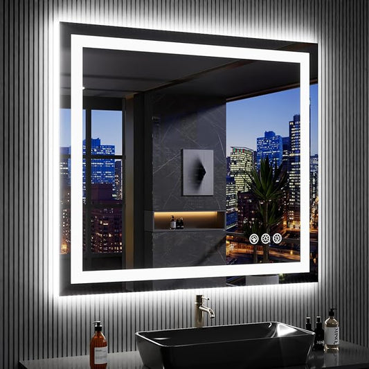 LOAAO 40”X38“ RGB LED Bathroom Mirror with Lights, Large, Anti-Fog, Dimmable Smart Lighted Bathroom Vanity Mirror, Multiple Light Modes, RGB Backlit + Front Light, Memory Function, Tempered Glass