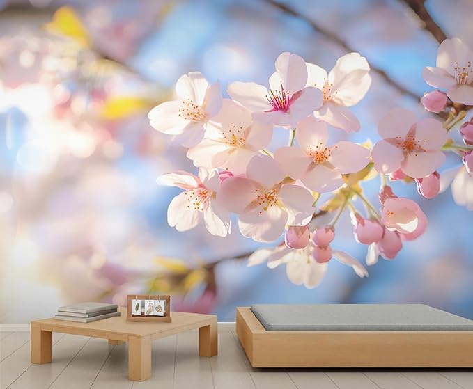 Japanese Mural Wallpaper, Cherry Blossoms Murals, Japanese Flowers Murals, Large Wallpaper for Living Room Bedroom Kids Room Home Decor Mural (Not Peel Stick)