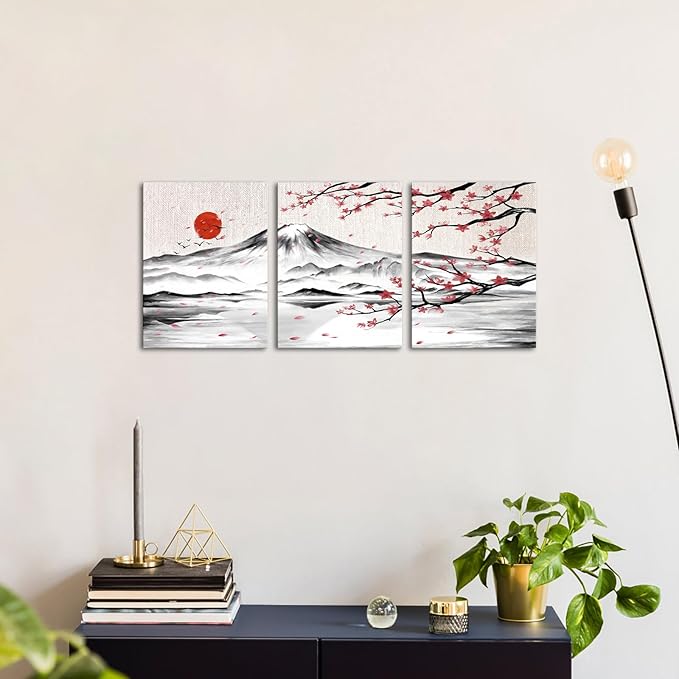 LyerArtork 3 Pieces Japanese Cherry Blossom Mount Fuji Canvas Wall Art Black White Pink Floral Wash Painting Wall Decor for Living Room Bedroom 12"x16"x3pcs