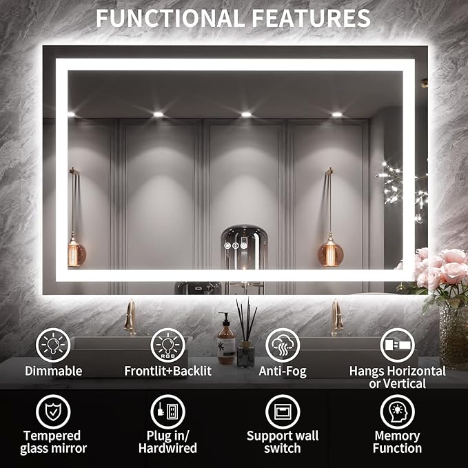 LOAAO 55"X40" LED Mirror for Bathroom, Lighted Bathroom Mirror with Lights, Anti-Fog, Dimmable, Memory Function, Easy to Install, Clear Reflectionn