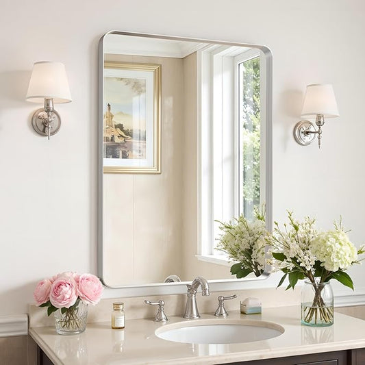 32x24"Bathroom Vanity Mirror for Wall, Aluminum Framed, Farmhouse Rectangle, Anti-Rust, HD Reflection Anti-Desilvering, Distortion Free, Tempered and Shatter-Proof Wall Mounted Mirror, Silver