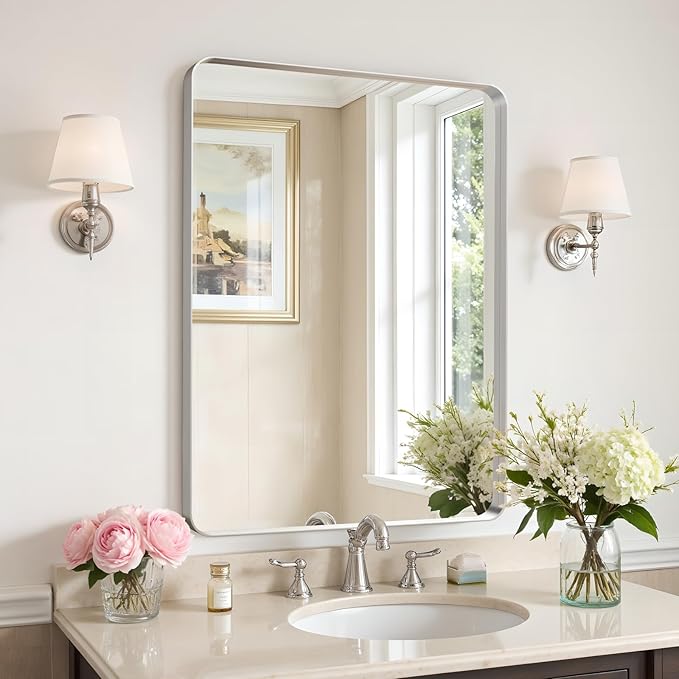 20x16"Bathroom Vanity Mirror for Wall, Aluminum Framed, Farmhouse Rectangle, Anti-Rust, HD Reflection Anti-Desilvering, Distortion Free, Tempered and Shatter-Proof Wall Mounted Mirror, Silver