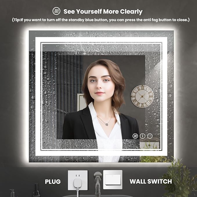 40 x 24 Inch LED Bathroom Mirror with Lights, Front Light and Backlit Anti-Fog Dimmable Memory Lighted Vanity Mirror, Shatterproof Wall-Mounted Led Mirror for Bathroom
