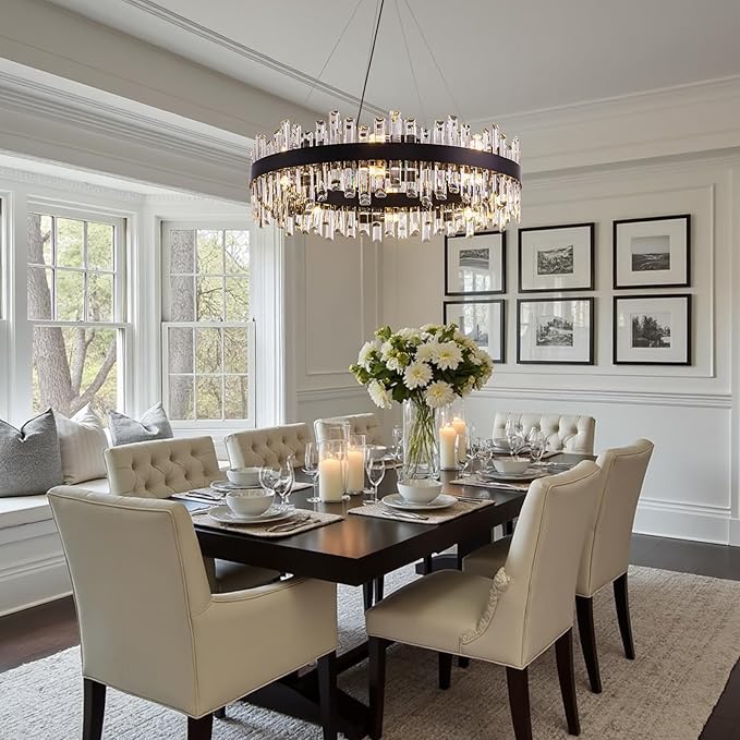 Modern Crystal Chandelier for Dining Room,16-Light Black Round Chandelier, 31.5-inch K9 Crystal Raindrop Ceiling Light, Luxury Flush Mount Light Fixture for Kitchen Living Room