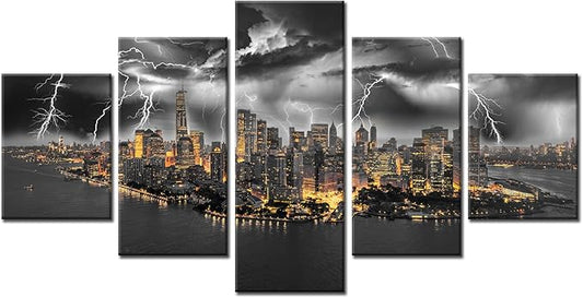 Cawpom Black and White New York Wall Art Manhattan Panoramic Wall Decor Nature Lightning Strikes Picture Canvas Print Storm Cityscape Painting Poster Frame Home Living Room Decoration(60x32 inches)