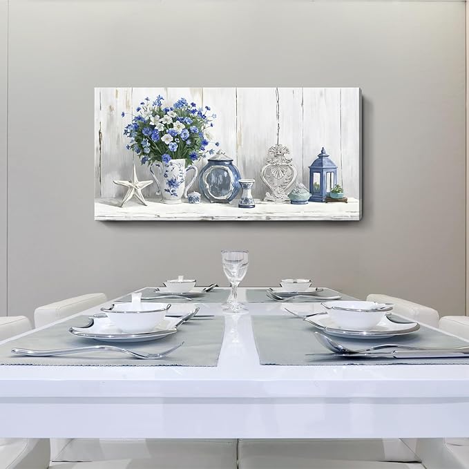 Nicetop Large Coastal Wall Art – Blue and White Floral Artwork, Rustic Farmhouse Canvas Prints with Flowers, Lantern and Ceramics Vintage Country Cottage Picture for Living Room Bedroom Kitchen 48x24 Inch