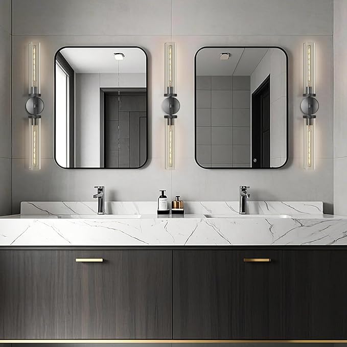 Black Wall Sconce, 30" Modern Knurled Wall Lighting with 2 Clear Glass Tubes, Double Vanity Light Fixture, Bathroom Wall Lamp, Bedroom, Living Room, Hallway Lighting, Hardwired (Including Bulb)