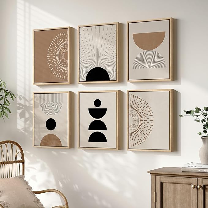 6 Piece Framed Boho Neutral Wall Art Set, Modern Abstract Geometric Canvas Painting Prints, Brown Black and Beige Minimalist Picture Artworks for Living Room Dining Room Bedroom 11x14 Inch