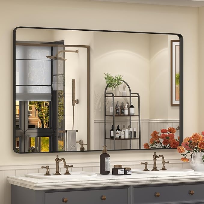 60x40 Inch Black Matte Framed Bathroom Mirror for Wall, Rounded Corner Rectangle Vanity Mirror, Tempered Glass, Anti-Rust, Shatterproof (Horizontal/Vertical)