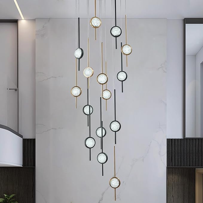 Modern Crystal 15-Light Chandelier, Black and Gold Special Exclusive Bubble Raindrop Chandelier for Spiral Staircase, Foyer, Entryway,High Ceiling (45W)
