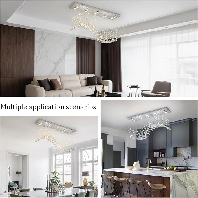 Modern Rectangle Crystal Raindrop Chandelier: 47" Long Chrome Dimmable Led High Ceiling Chandeliers with Remote - Silver Wave Raindrop Flush Mount Ceiling Light Fixture for Dining Living Room Kitchen