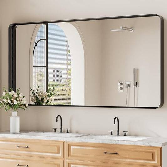 Koonmi Black Bathroom Mirror for Wall, 30x60 Inch Matte Metal Deep Framed Rounded Corner Wall Mirror, Shatterproof Tempered Glass for Farmhouse Bedroom Entryway, Vertically or Horizontally