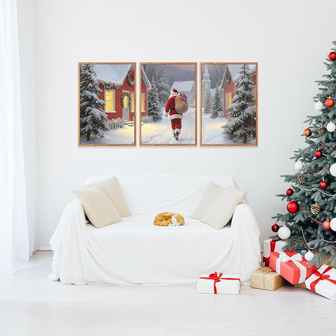 Aurlan Santa Claus is Coming to Town Framed Wall Art(12"x16"), 3PCS Vintage Christmas Winter Holiday Canvas Artwork, Large Xmas Snow Forest Cabin Cottagecore Decor for Home Office Bedroom