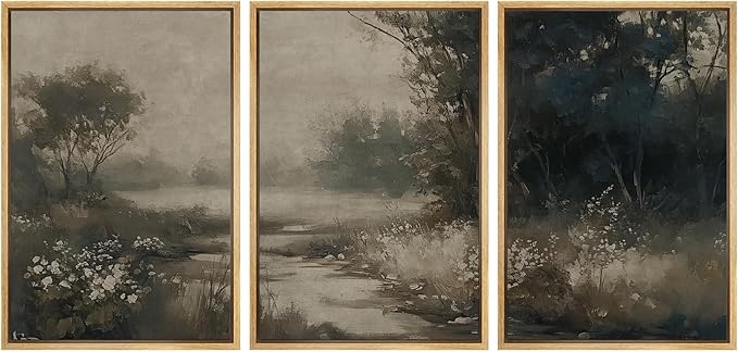 MUDECOR Framed Wall Art Print Set Vintage Landscape Subtle Forest and River in Earthy Tones Illustrations Modern Art Boho Decorative Colorful Chic for Living Room, Bedroom, Office - 16"x24"x3 Natural