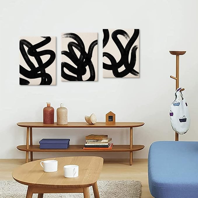 arteWOODS Wall Art Canvas Set Abstract Lines Pictures Modern Mid Century Boho Wall Decor Minimalist Abstract Black Stroke Lines Canvas Painting Artwork Living Room Bedroom Home Office 12"x16"x3