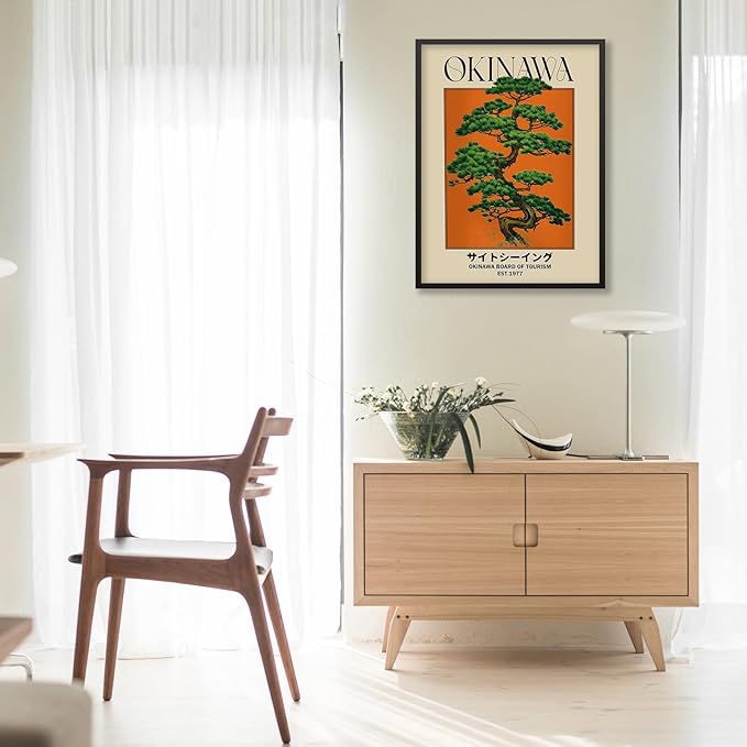 Japanese Canvas Wall Art Orange Okinawa Prints Retro Japanese Bonsai Tree Picture Modern Ukiyo-e Decor Poster for Asian Living Room Bedroom Dorm Bathroom 16x24 inch Black Framed