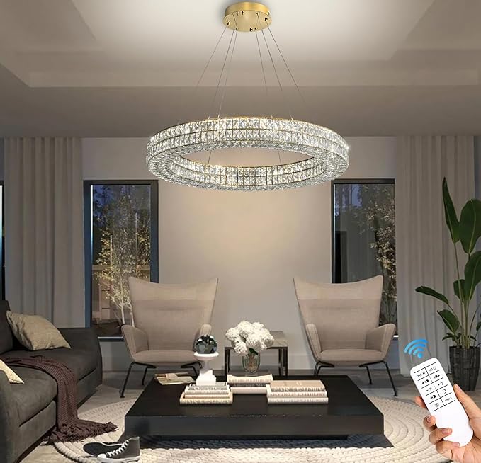 Led 32in Gold Ring Chandelier, Modern Crystal Chandelier Lighting Hanging Ring Adjustable,Round Crystal Ceiling Light Fixture for Living Room Dining Room Bedroom