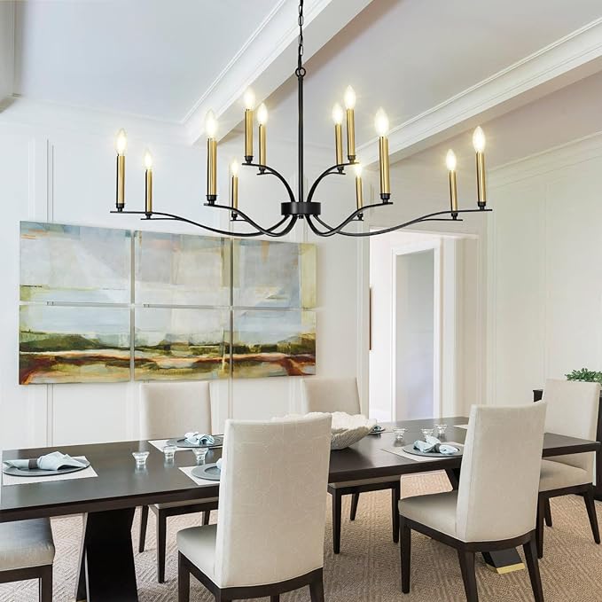 12-Light Black Chandeliers for Dining Room 39" Modern Farmhouse Chandelier Adjustable Height Candle Chandelier for Living Room Kitchen Foyer Entryway Hallway E12 Base