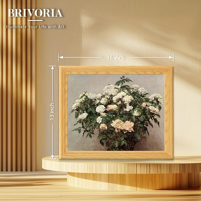 Brivoria Framed Canvas Wall Art Vintage Decor, Botanical Rose Plant Artwork with Blooming White and Pink Flowers and Soft Tones for Entryway Dining Room or Traditional Wall Decoration, 13"x16"