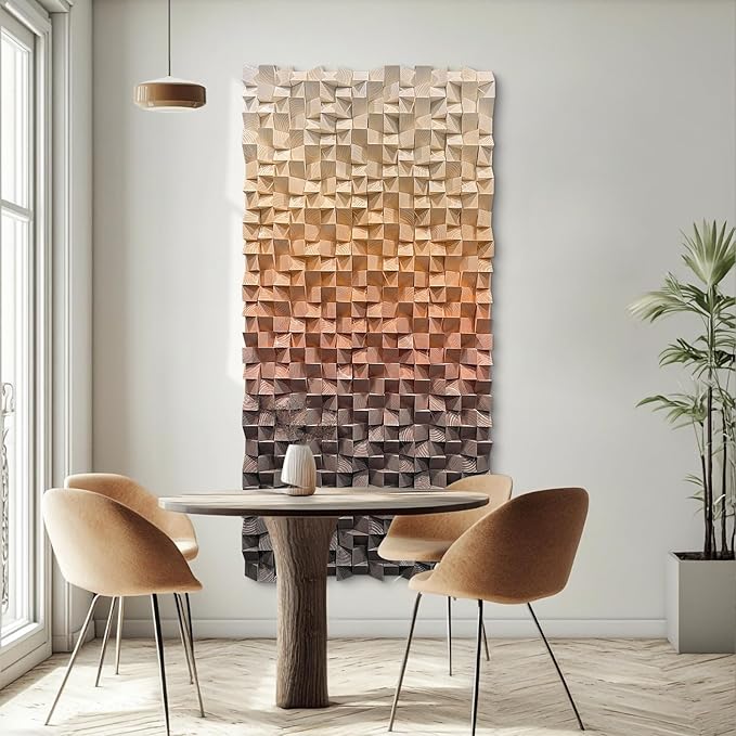 LIUZEYUE - 3D wooden block painting gradient coffee white art background wall wooden block abstract geometric wall decoration living room/bedroom/office modern minimalist style decoration 35.4"x70.8"