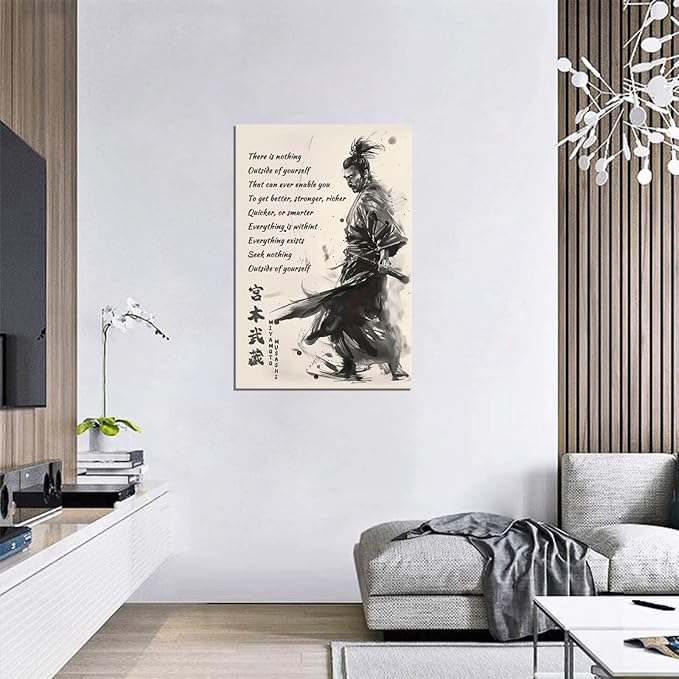 Japanese Samurai Wall Art Miyamoto Musashi Canvas Prints Vintage Japanese Artwork Motivational Poster Inspirational Quotes Painting for Men Bedroom Living Room Office (28''W x 44''H)