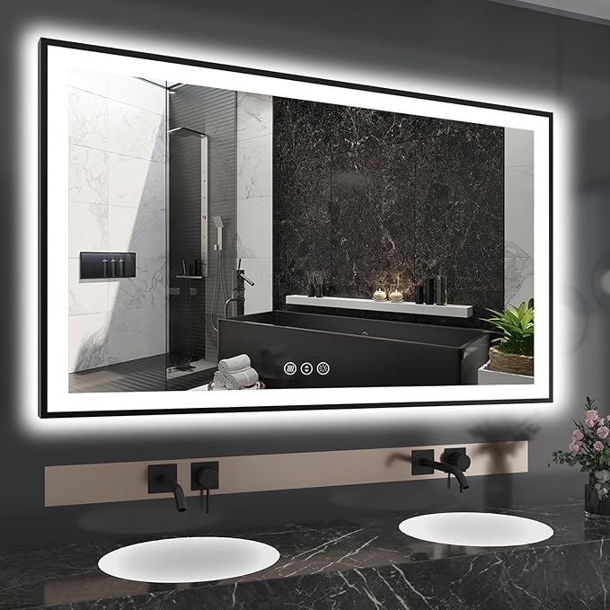 60x36 LED Bathroom Mirror - Black Aluminum Framed (Front and Backlit), Anti-Fog Smart Mirror, Stepless Dimmable, 3 Colors (Horizontal/Vertical)