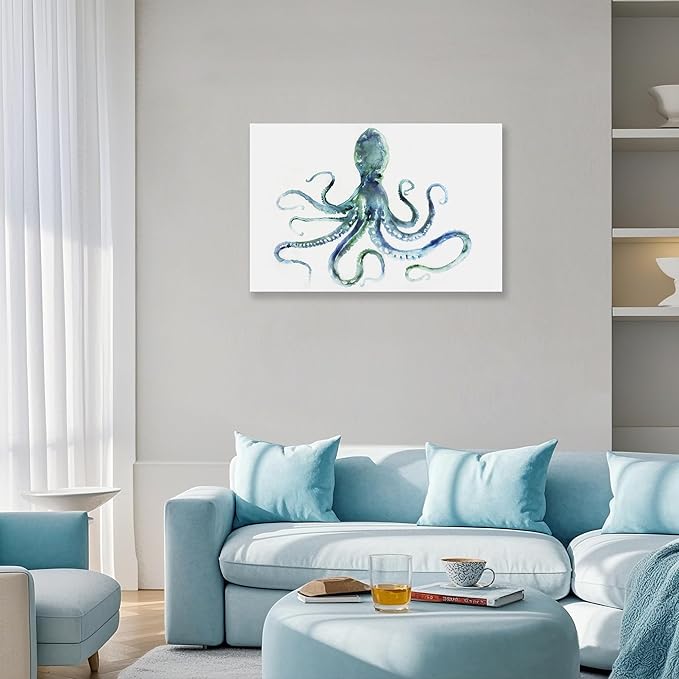 JAPO ART Blue Octopus Bathroom Decor Canvas Wall Art by Edward Selkirk Coastal wall decor Nautical Ocean Animal Watercolor Marine life Sea Pictures Framed Artwork Print on Canvas for Living Room