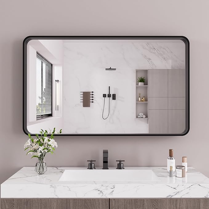 Black Bathroom Mirror 60X40 Inch, Black Metal Framed Mirror for Wall, Rounded Rectangle Matte Bathroom Vanity Mirror with Tempered Glass, Anti-Rust, Horizontal/Vertical
