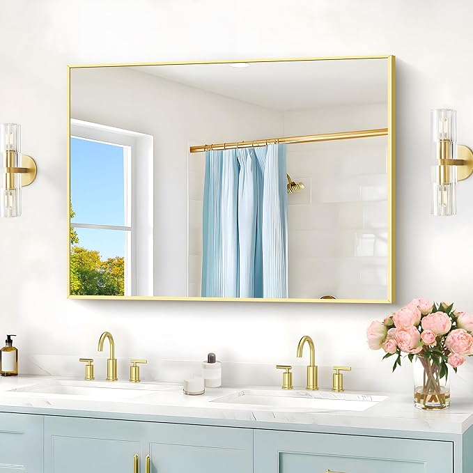 30x40In Gold Bathroom Mirror for Wall, Brushed Gold Rectangle Mirrors with Metal Frame, Bathroom Rectangular Mirror Modern Wall Mirror for Bedroom Living Room, Hangs Horizontal or Vertical
