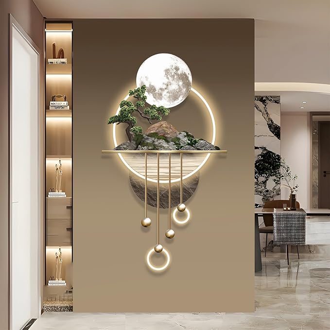 3D Art Wall Decor with Light, Decor Wall Sculptures Large 3D Art, Modern Home Decor Landscape Wall Sculpture, Plug-in Power Supply, Gold A, 23x49IN