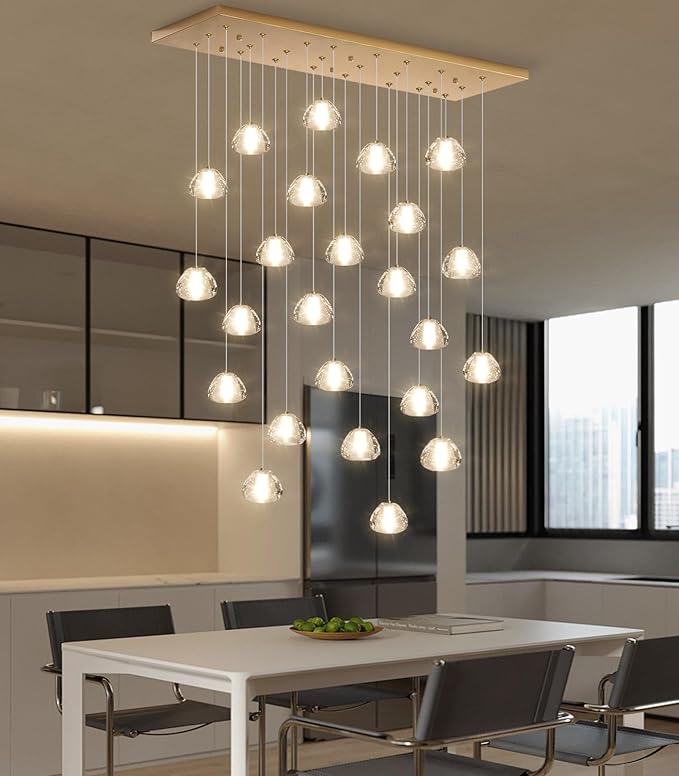 24-Lights Modern Crystal Rectangular Chandelier LED Raindrop Ceiling Pendant Light Crystal Lighting Fixture for Living Room Hotel Staircase Hallway Foyer Entryway Bedroom Gold