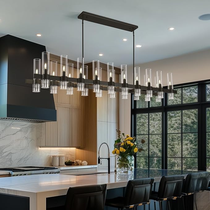Modern Black Linear Chandelier for Dining Room, 68'' Rectangular Dining Chandeliers Over Dining Table 20 Light, Linear Chandelier Lighting Fixture with Glass over Kitchen Island, Includes Bulbs